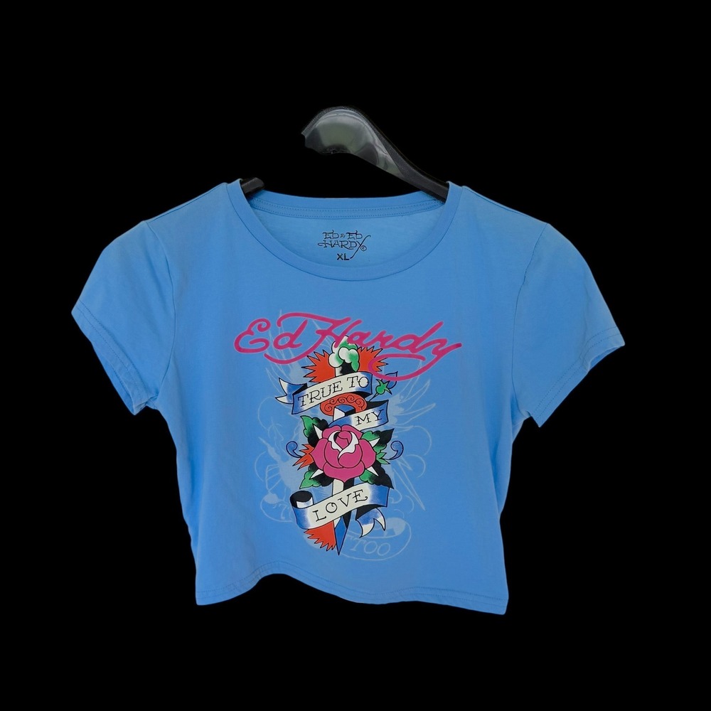 Ed Hardy Womens Blue Tattoo Baby Tee Crop Top XL